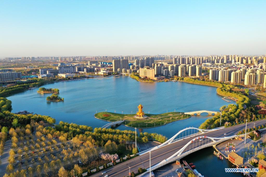 Aerial photo taken on April 13, 2021 shows the Huifeng Lake in Fengnan District of Tangshan, north China